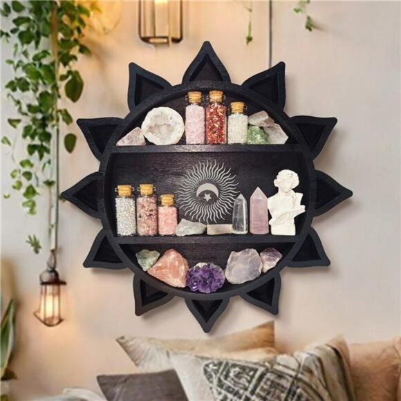 Crystal Display Shelf Wall Mounted Lotus Moon Boho Floating Wooden Decor - Picture 4 of 8